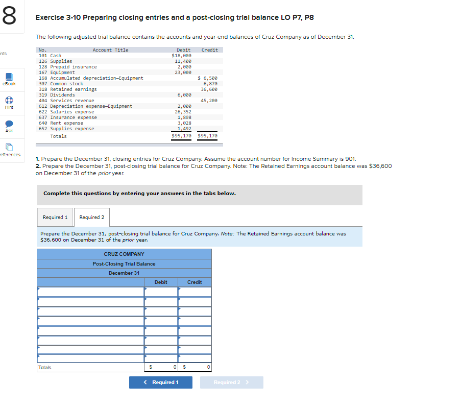  8 Exercise 3-10 Preparing closing entries and a post-closing trial balance