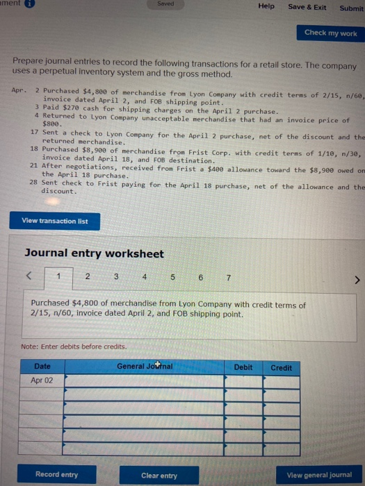  ament Saved Help Save & Exit Submit Check my work Prepare