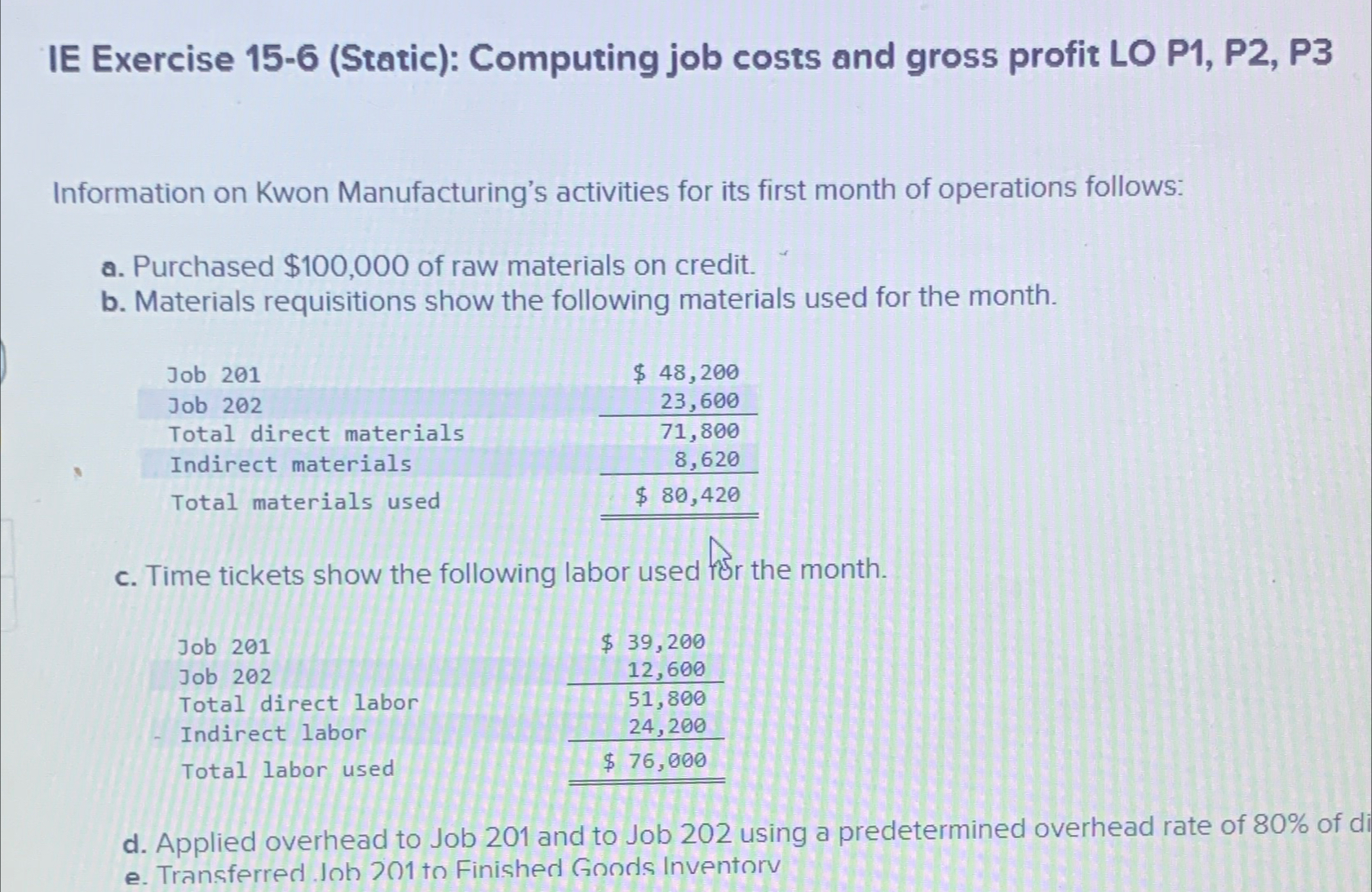  IE Exercise 15-6(Static): Computing job costs and gross profit LO P1,