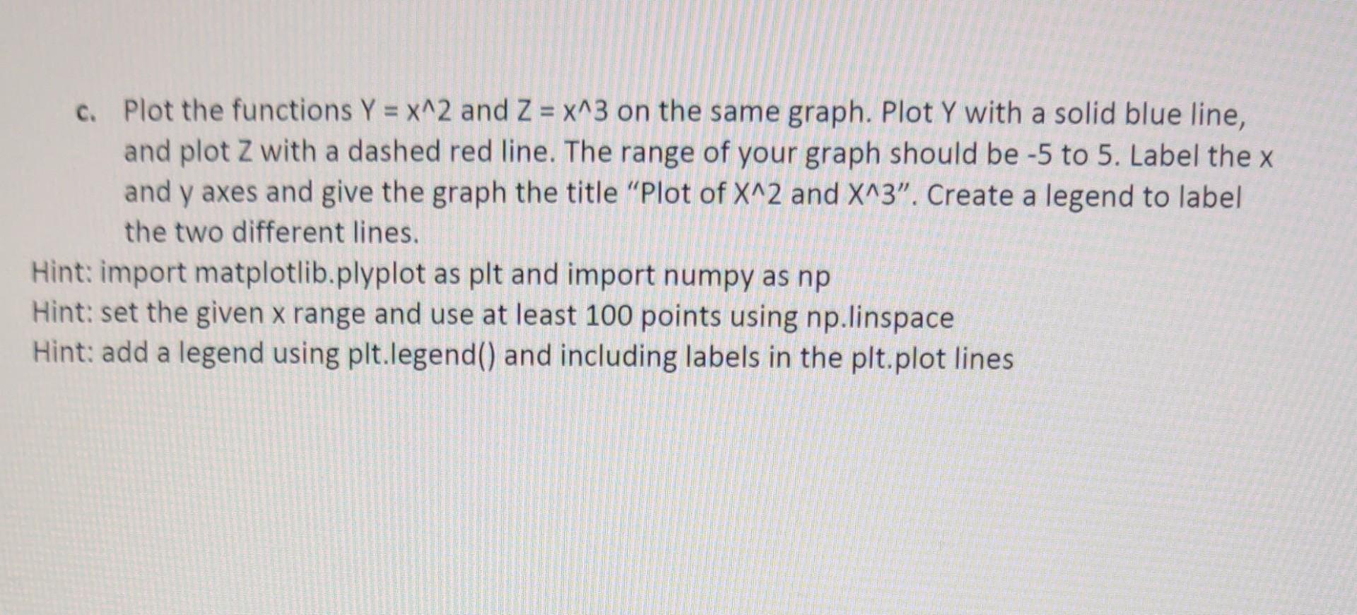 c. Plot the functions Y=x2 and Z=x3 on the same graph.
