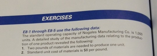 EXERCISES E8-1 through E8-5 use the following data: The standard operating