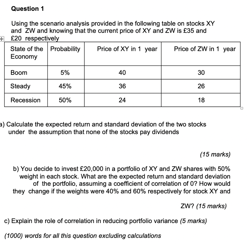  Question 1 Using the scenario analysis provided in the following table