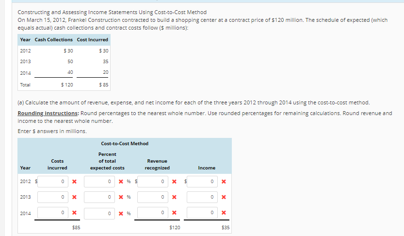 Constructing and Assessing Income Statements Using Cost-to-Cost Method On March 15, 2012,