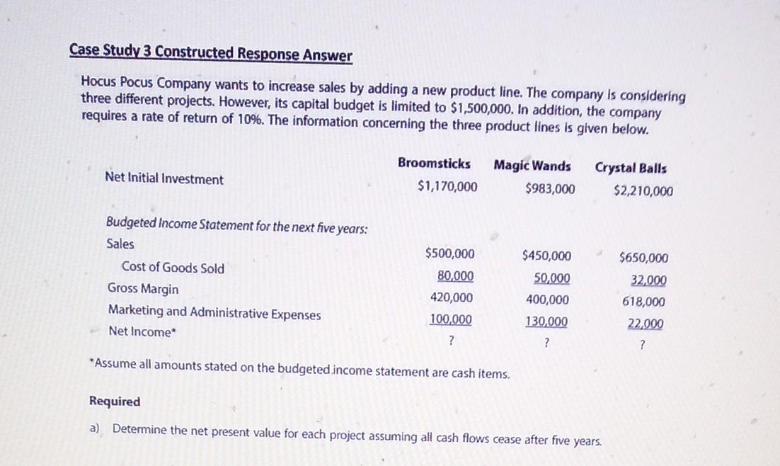  Case Study 3 Constructed Response Answer Hocus Pocus Company wants to