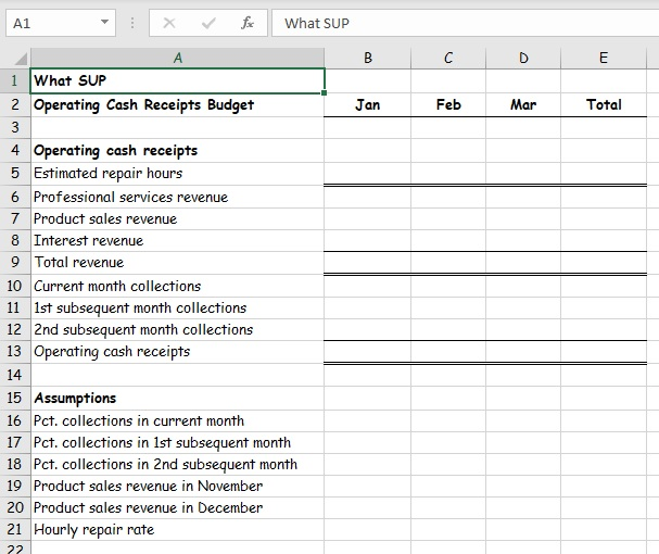 Create a new What SUP Operating Cash Receipts Budget using the ch6-02