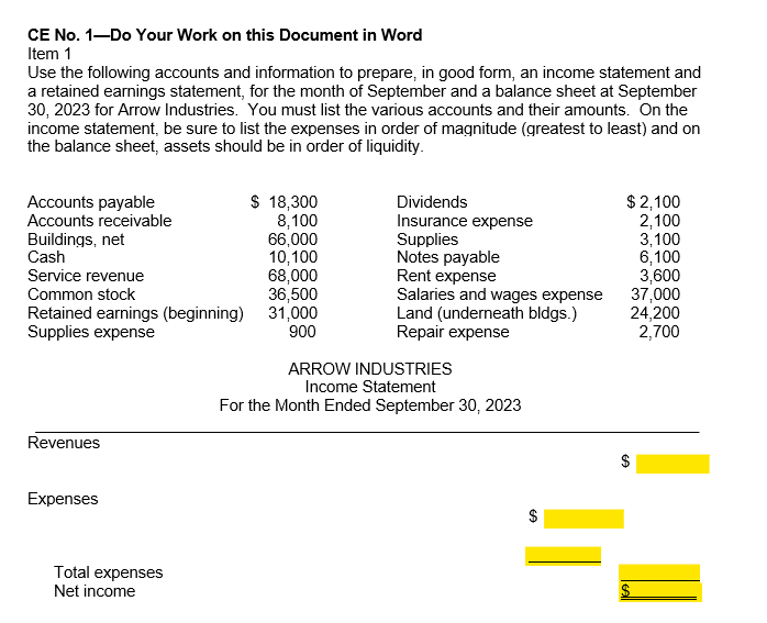  CE No. 1-Do Your Work on this Document in Word Item