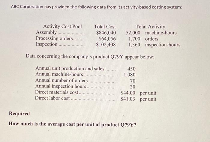  ABC Corporation has provided the following data from its activity-based costing