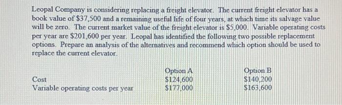  Leopal Company is considering replacing a freight elevator. The current freight