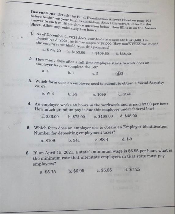  Instructions: Detach the Final Examination Answer Sheet on page 403 before
