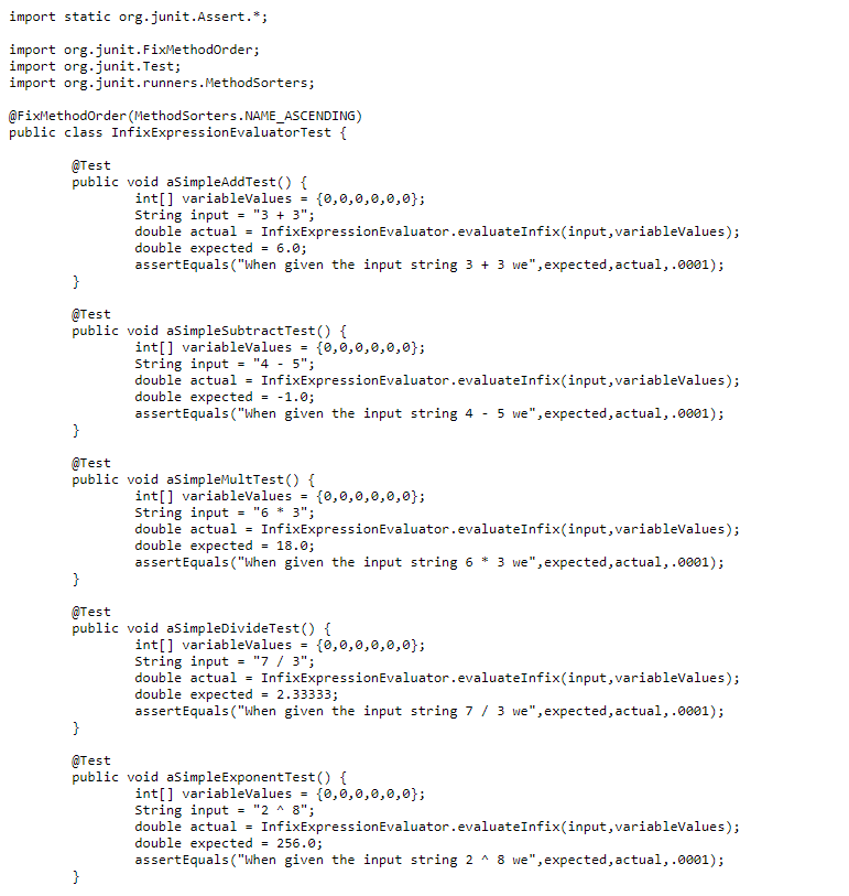 InfixExpressionEvaluator. This class consists of: public static double evaluateInfix(String infix, int[] values)