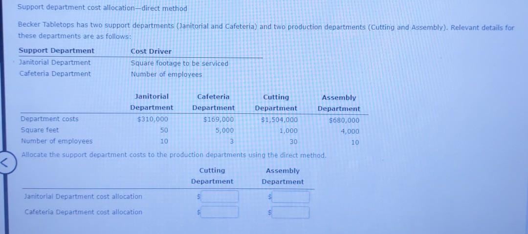  please answer asap closer look: Support department cost allocation-direct method Becker