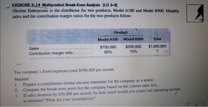  EXERCISE 3-14 Multiproduct Break-Even Analysis [LO 3-9) Okabec Enterprises is the