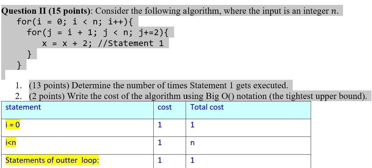 Question II (15 points): Consider the following algorithm, where the input is