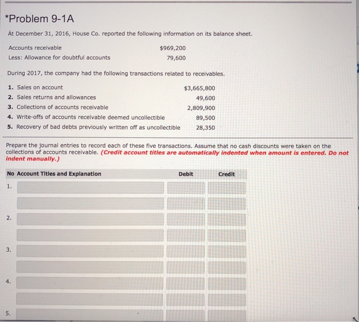  Problem 9-1A At December 31, 2016, House Co. reported the following