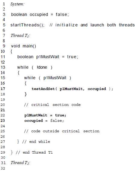 Explain how the example concurrent program that enforces mutual exclusion with testAndSet