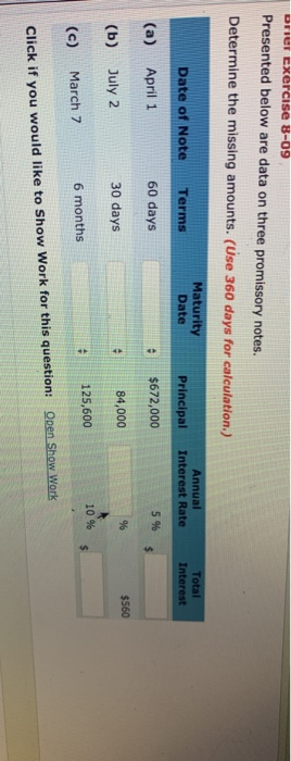  brer Exercise 8-09 Presented below are data on three promissory notes.