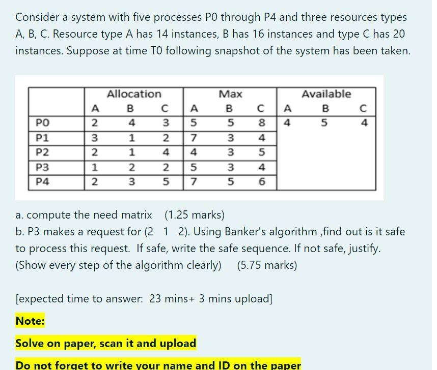  Consider a system with five processes PO through P4 and three