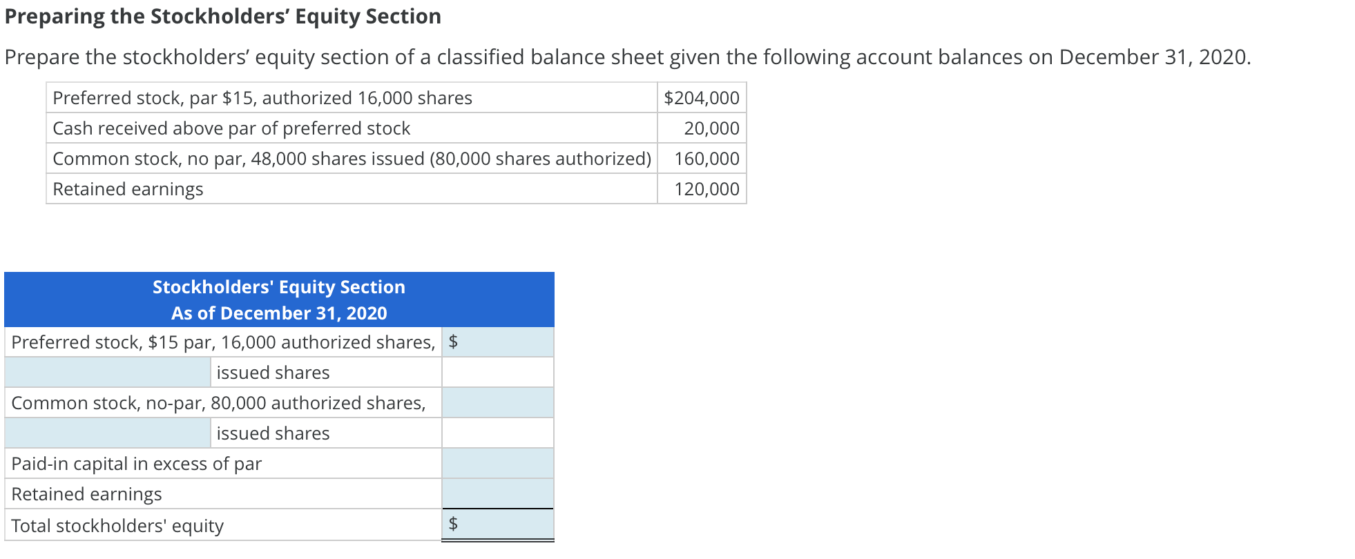 Preparing the Stockholders' Equity Section Prepare the stockholders' equity section of