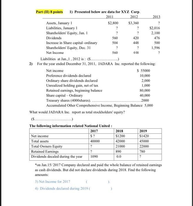  Part (II) 8 points 1) Presented below are data for XYZ