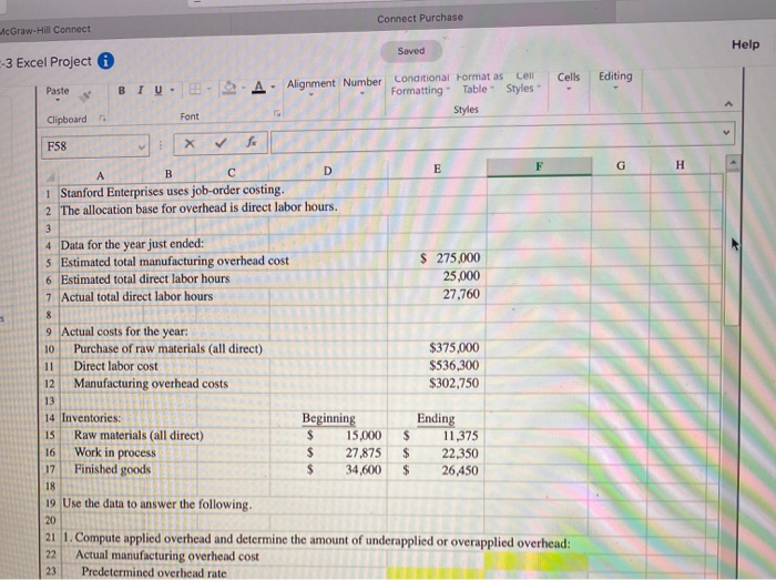  Connect Purchase cGraw-Hill Connect Help Saved --3 Excel Project Cells Editing