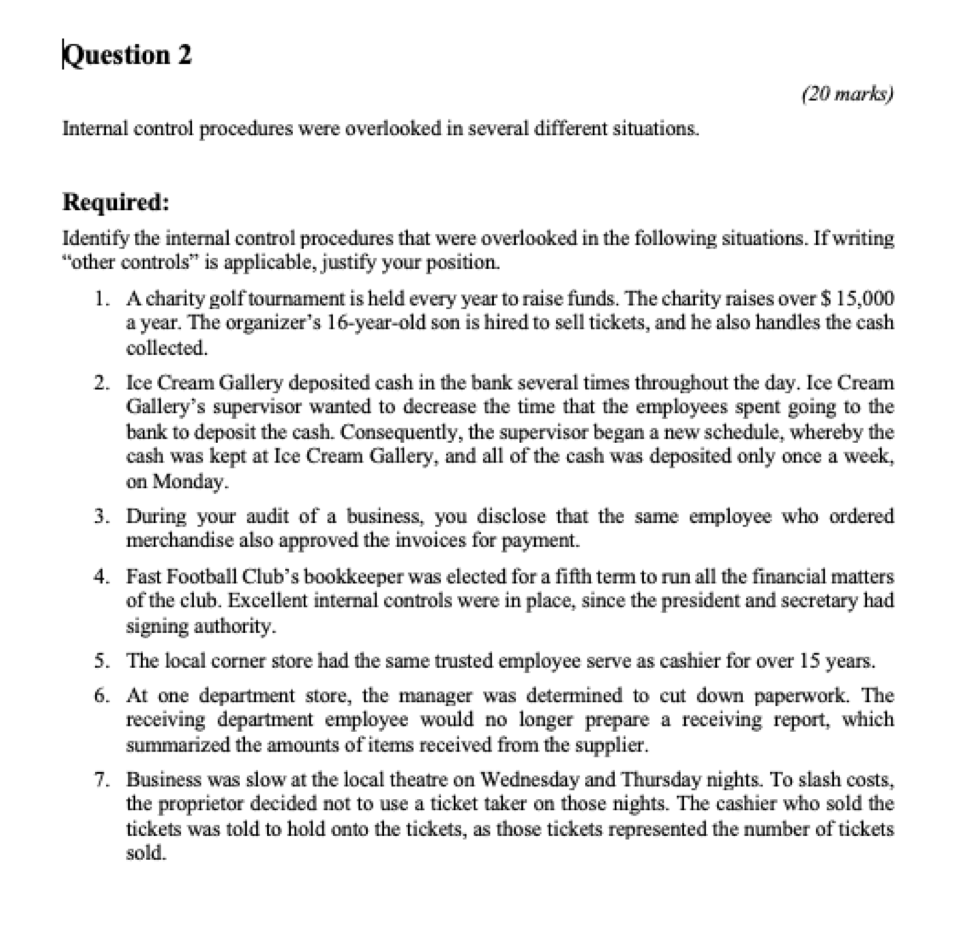 Question 2 (20 marks) Internal control procedures were overlooked in several