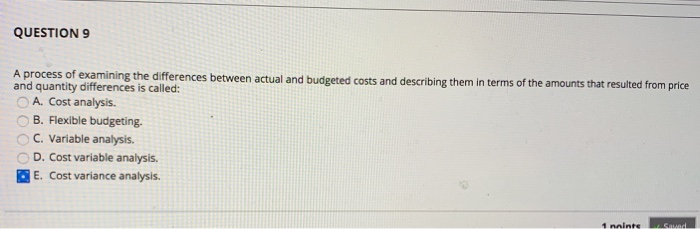  QUESTION 9 A process of examining the differences between actual and