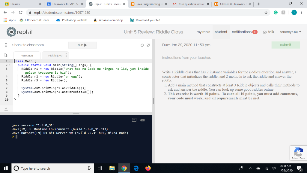  Classes X Classwork for AP CSX replit - Unit 5 Revie