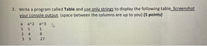  2. Write a program called Table and use only strings to