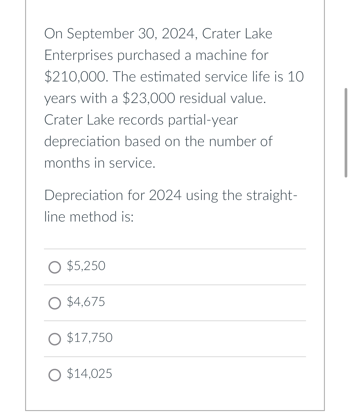  On September 30,2024, Crater Lake Enterprises purchased a machine for $210,000.