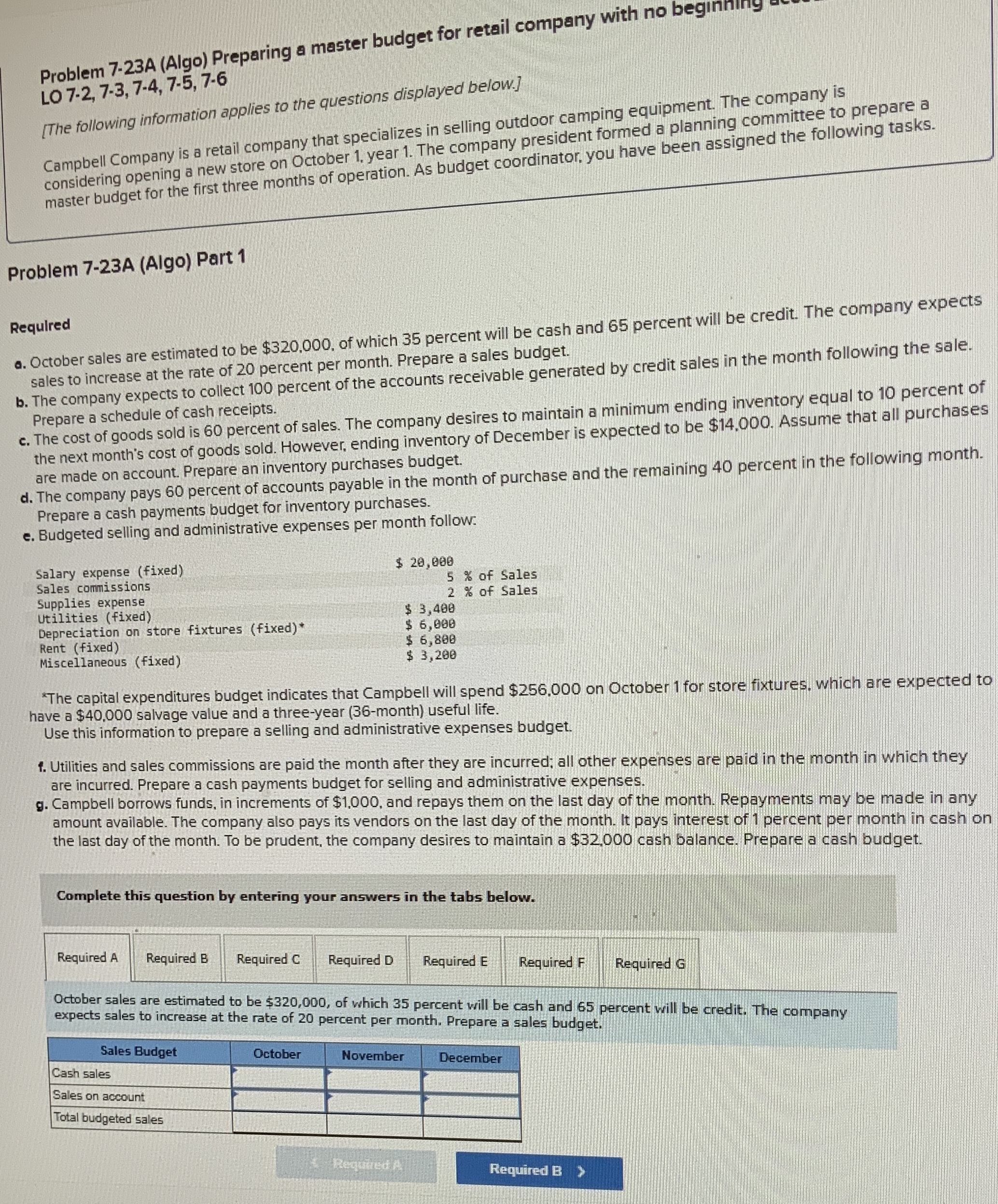  Problem 7.23A (Algo) Preparing a master budget for retail company with