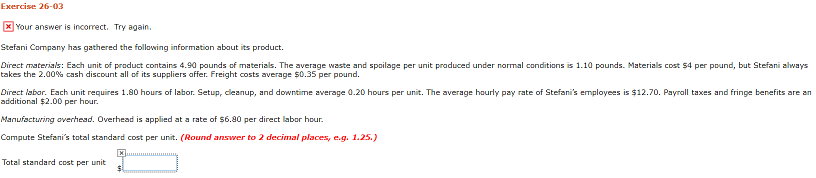 Exercise 26-03 x Your answer is incorrect. Try again. Stefani Company