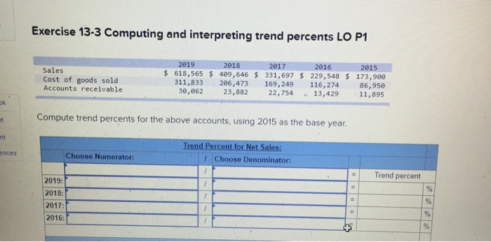  Exercise 13-3 Computing and interpreting trend percents LO P1 Sales Cost
