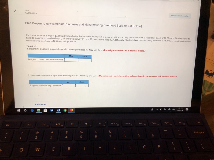 Manufacturing Overhead Budgets (LO 8-3c, e Each visor requires a total of
