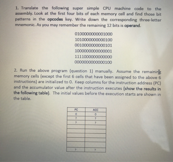  1. Translate the following super simple CPU machine code to the