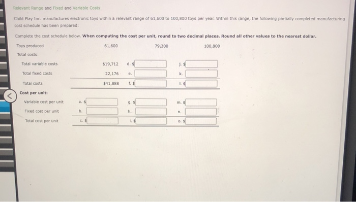  Relevant Range and Fixed and Variable Costs Child Play Inc. manufactures