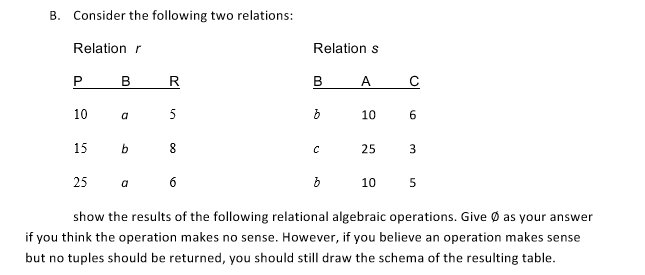 B. Consider the following two relations: Relation r Relation s 10