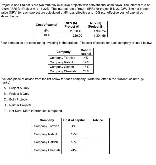 Project A and Project B are two mutually exclusive projects with