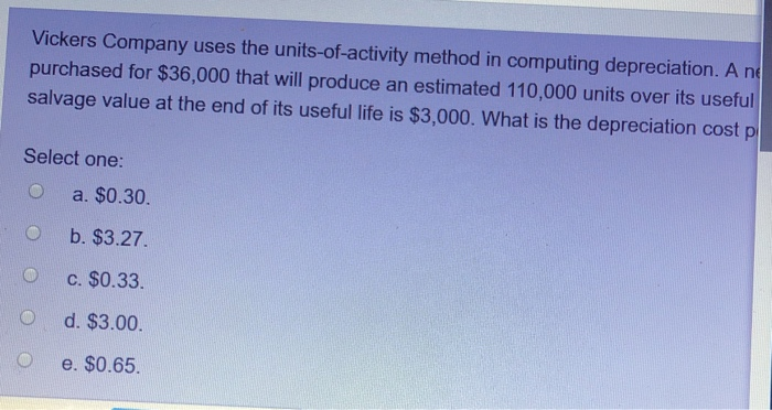  Vickers Company uses the units-of-activity method in computing depreciation. A ne