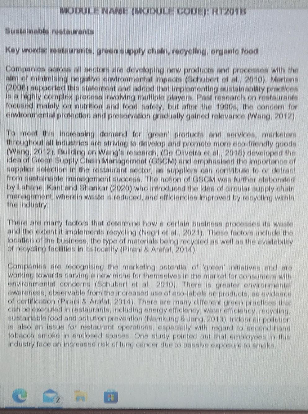 MODULE NAME (MODULE CODE): RT2018 Sustainable restaurants Key words: restaurants, green