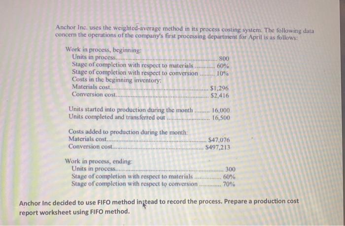  10% Anchor Inc. uses the weighted-average method in its process costing
