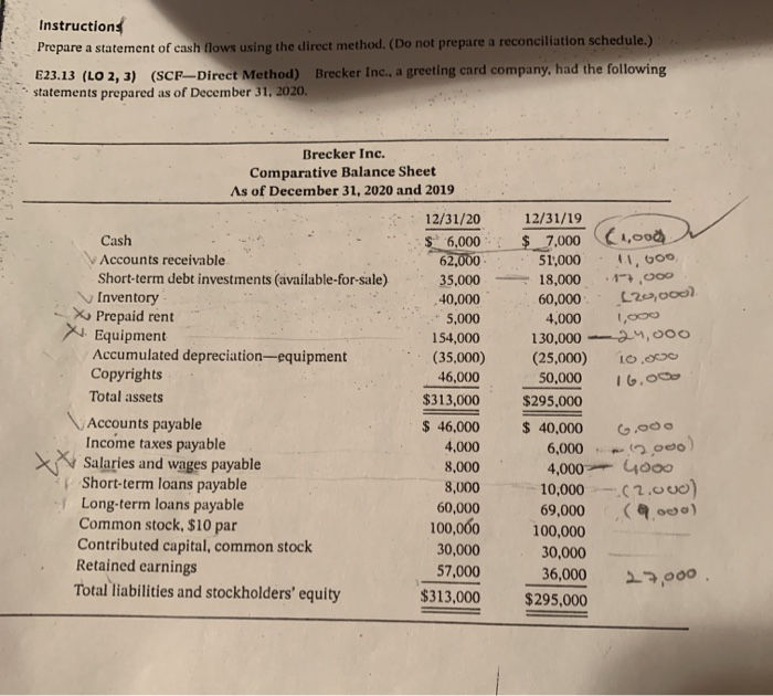  Prepare a statement of cash flows using the indirect method. Instructions