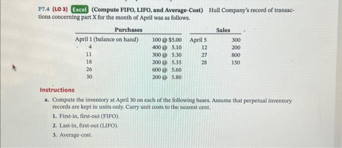  P7.4 (LO 3) Excel (Compute FIFO, LIFO, and Average-Cost) Hull Company's