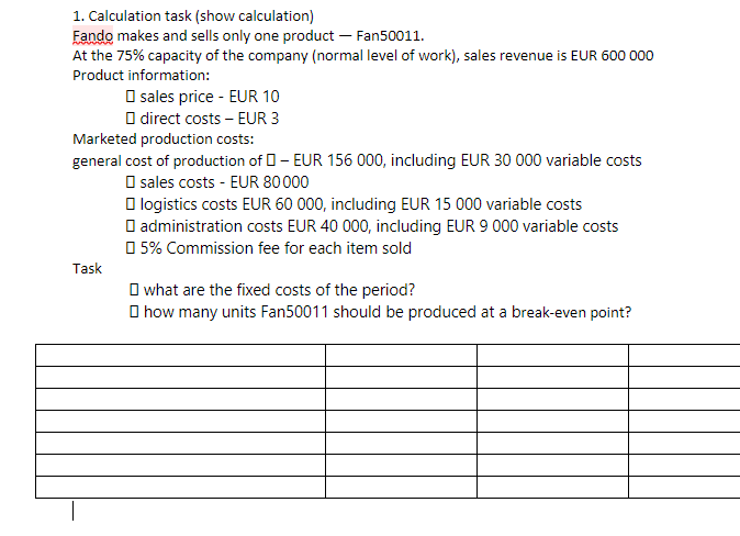  1. Calculation task (show calculation) Fando makes and sells only one