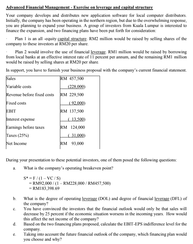  Advanced Financial Management - Exercise on leverage and capital structure Your