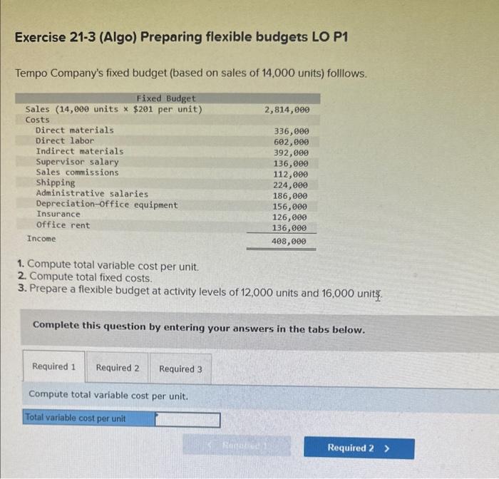 please do 1, 2 and 3 Exercise 21-3 (Algo) Preparing flexible budgets