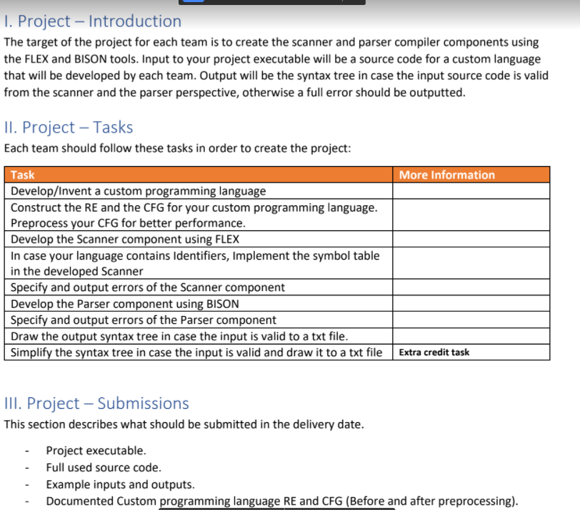 (scanner and parser compiler components Implementation) implementing a compiler with these tasks