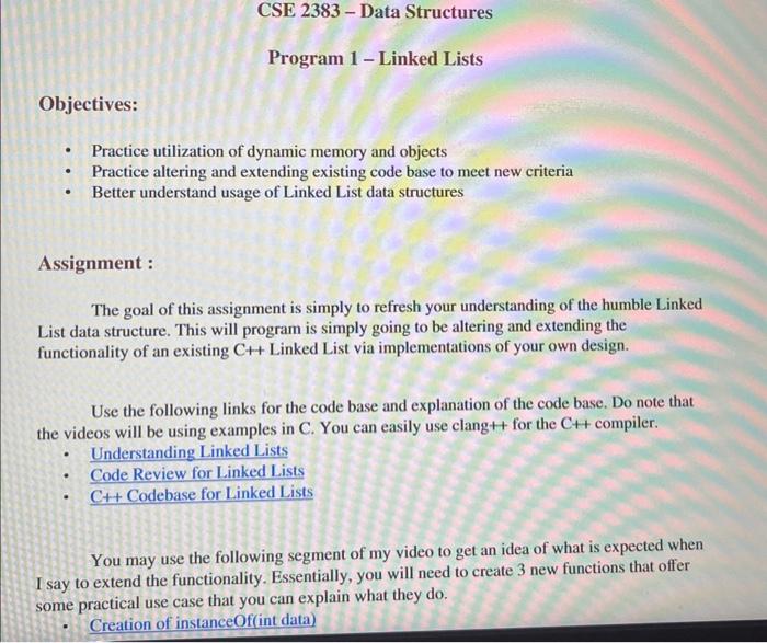 c++ please CSE 2383 - Data Structures Program 1 - Linked Lists