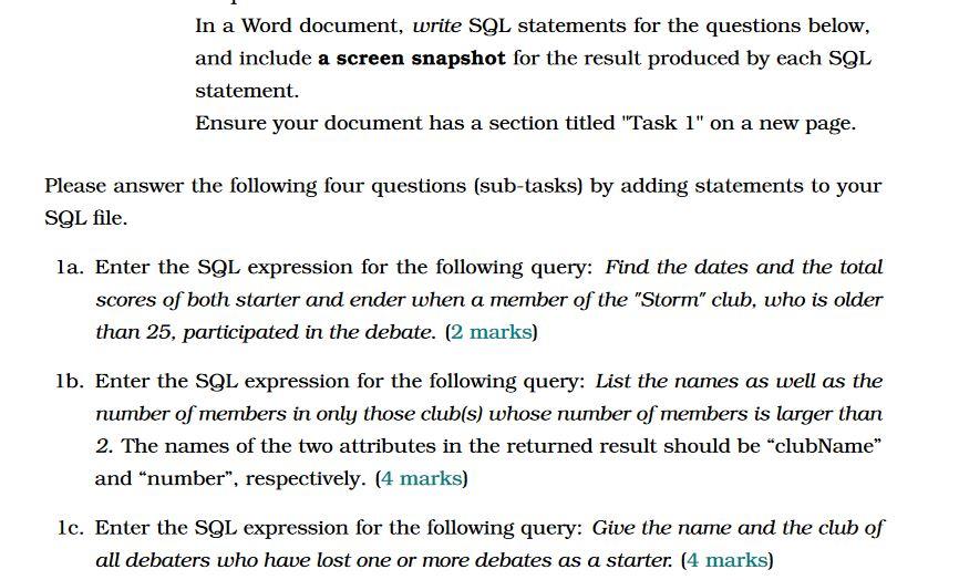 b and c please In a Word document, write SQL statements for