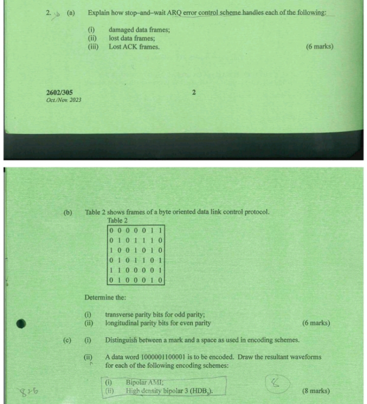  (a) Explain how stop-and-wait ARQ error control scheme handles each of