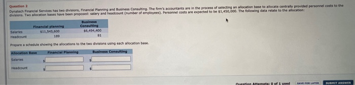  Question 2 Dynatech Financial Services has two divisions, Financial Planning and